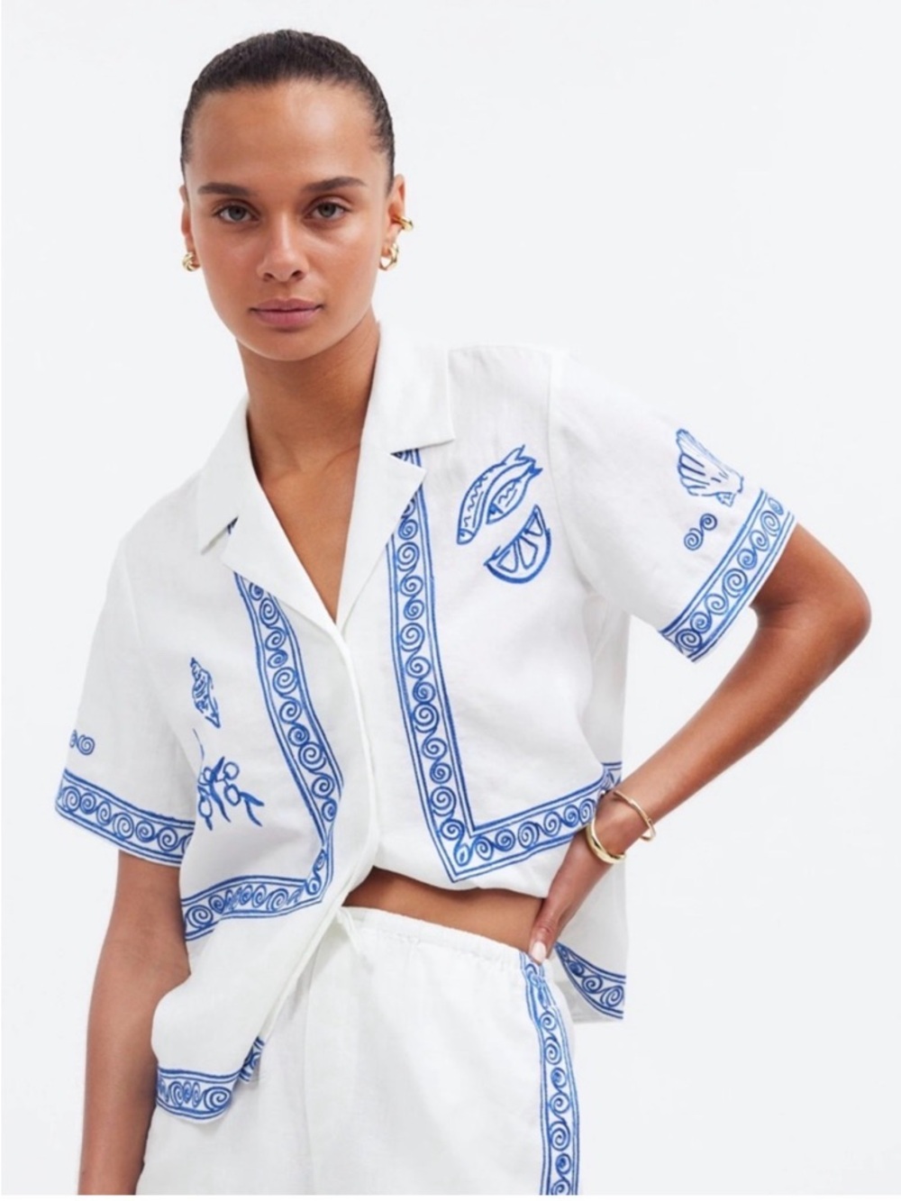 Lisa Says Gah x Madewell White Button-Up Top with Blue, Mediterranean Embroidery